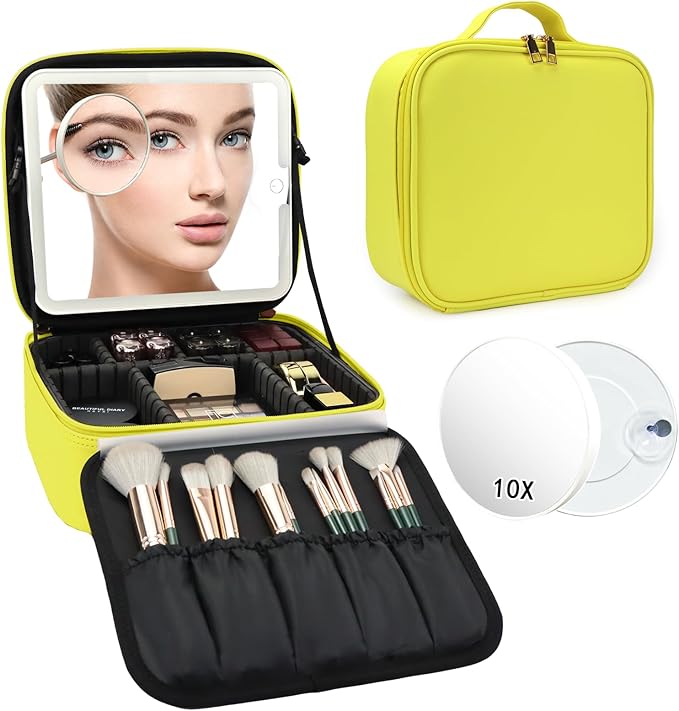 SLUMAZI Travel Makeup Bag with LED Mirror and 10x magnifying glass with 3 Lighted Settings, Adjustable Dividers and Makeup Brush Storage Bag Yellow