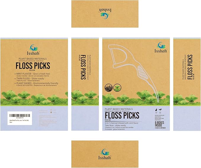 Natural Dental Floss Picks (300 Count) - Kraft Paper Box Packaging, Plant Based, PETA Approved Vegan, Eco Friendly, Sustainable Dental Flossers - Twin Floss (Mint)