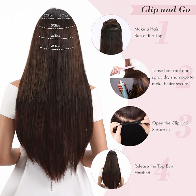 REECHO Clip in Hair Extensions, Hair Extensions Thick Long Lace Weft Lightweight Synthetic Hairpieces for Women (24 Inch-240 Gram(Pack of 5), Black)