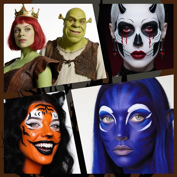 Red Black Blue Face Body Paint Stick Set with Translucent Setting Powder and Sponges, Professional Full Coverage Face Painting for Adults Halloween Cosplay SFX Joker Skull Monster Makeup