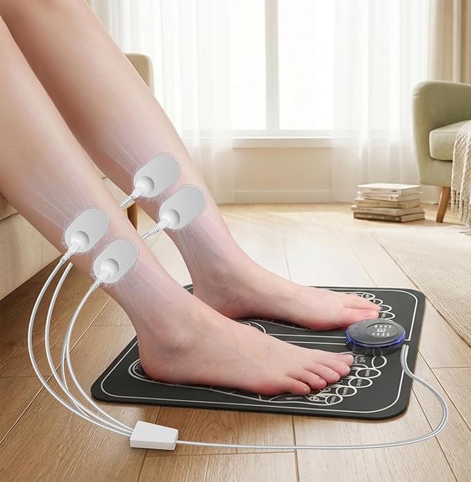 Professional EMS Foot Massager with 4 Electrode Pads - Full Body Muscle Stimulator for Neuropathy & Recovery, 8 Modes 19 Levels, Foot Mat System for Pain Relief