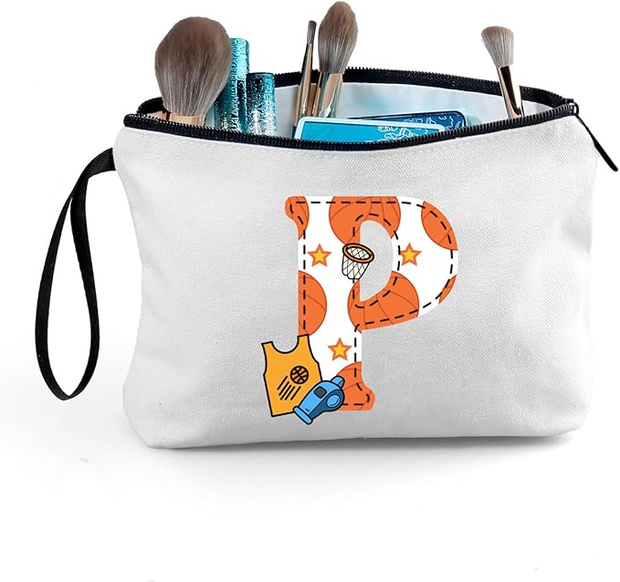 ARIOSEY Basketball Gifts Monogrammed Cosmetic Travel Makeup Bag Basketball Accessories Graduation Birthday Gifts for Girls Coaches Daughters Team Friend Mom Player-P