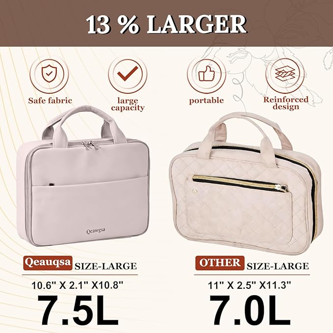 Qeauqsa Makeup Bag Organizer, Large Hanging Toiletry Bag for Women with Leakproof Compartments, Travel Cosmetic Case for Full Sized Toiletries & Brushes Travel Cosmetic Bag Cruise Essentials - Pink
