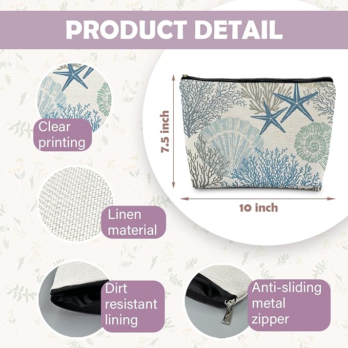 RYYCDOI Ocean Starfish Coral Seashell Beach Makeup Bag, Marine Life Sea Animals Cosmetic Bags for Women, Beach Vacation Gifts, Ocean Themed Gifts