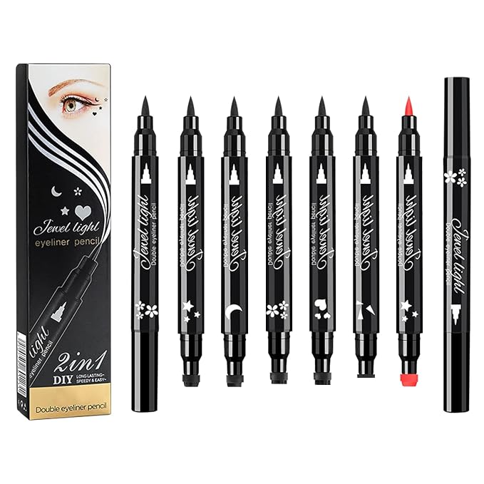 Pinkiou 6Pcs Eyeliner Stamp Pen Set, Long-lasting Eye Liner Pencil for Eye Makeup,Waterproof Double-Sided Liquid Eyeliner Stamp Pen Set for Beginners,Black&Red Heart, Star, Plum,Triangle and Moon