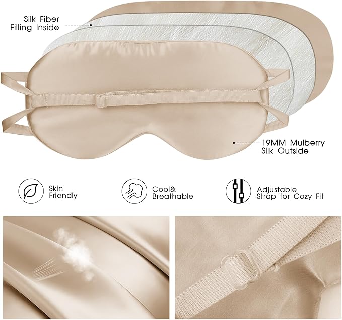 SILKTALE Silk Sleep Mask for Women/Men/Adults with Adjustable Strap Light Blocking Real Silk Eye Mask for Sleeping Plane/Side Sleeper/Travel,Champagne