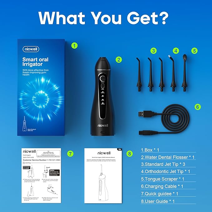 Nicwell Cordless Water Flosser - 4 Modes Rechargeable Oral Irrigator IPX7 Waterproof with 5 Tips for Deep Cleaning