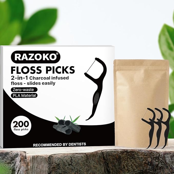 Natural Dental Floss Picks High Toughness Charcoal Toothpicks Sticks-Vegan,Eco-Friendly Sustainable Flossers for Teeth Cleaning (200 Count)