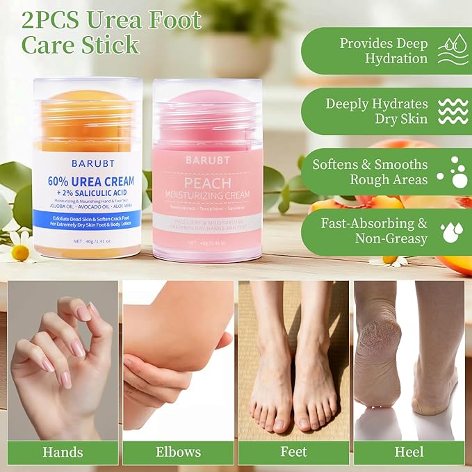 2PCS 60% Urea Foot Cream Stick 2% Salicylic Acid Foot Cream, Urea Foot Care Stick with Moisturizing Heel Socks, Intensive Foot Repair Balm for Exfoliates Dead Skin, Repairs Hydrates Dry, Cracked Feet