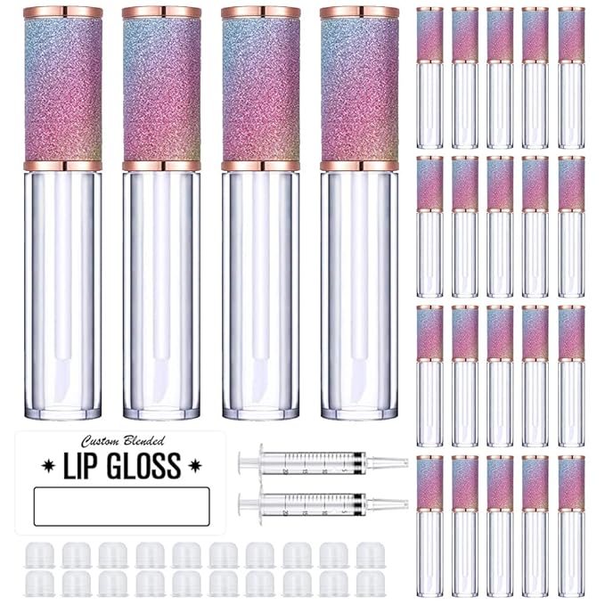 AMORIX 24 Pack Rainbow Lip Gloss Tubes with Wand 5ml Empty Lip Gloss Containers Lipgloss Bottles with Stoppers + 2pcs Syringes for DIY Lip Gloss Balm