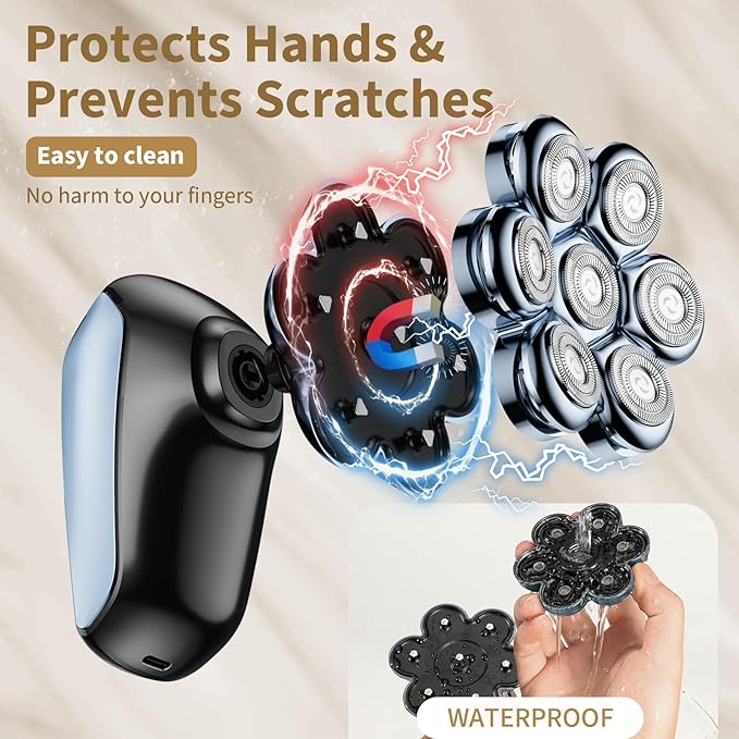 Detachable Head Shavers, SHPAVVER 5 in 1 Electric Razor IPX7 Waterproof for Bald Men, Wet Dry LED Display Rechargeable 7D Rotary Shaver Grooming Kit with Type C Charge A,Bright Blue