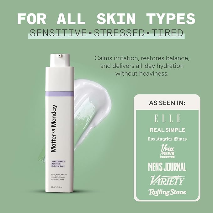 Matter of Monday Anti-Stress Renewal Moisturizer - Hydrating Face Cream with Hyaluronic Acid, Microalgae & Aloe - Fragrance Free Moisturizer for Sensitive Skin, 1.7 oz