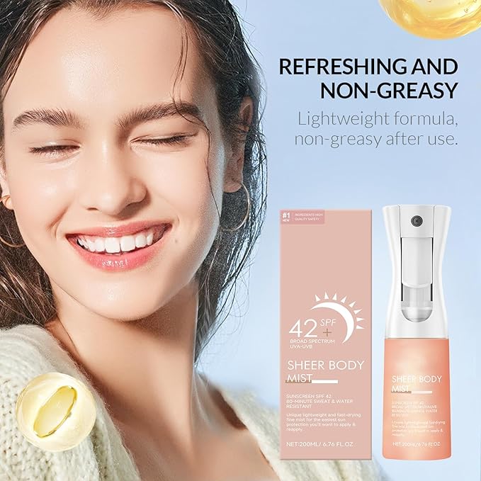 Sunglaze Sheer Body Mist Sunscreen SPF 42, Infused with Shimmering Body Oil, Hydrating Mist, Hydrates, Gives Skin a Glowy Finish, Lightweight, Gives Skin A Glowy Finish(6.7 Fl Oz)