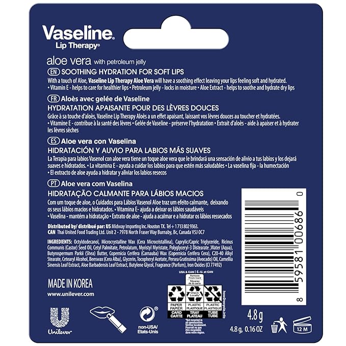 Vaseline Lip Therapy Aloe Fresh 8-Pack – Moisturizing Lip Balm for Very Dry Lips, 0.16 Oz Ea