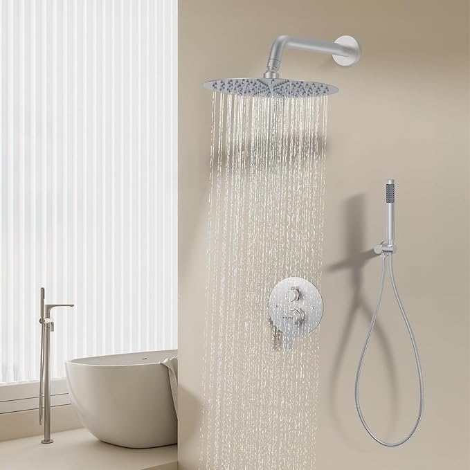 KOJOX 10 Inch Brushed Nickel Shower System with High Pressure Rain Shower Head, Handheld Shower Head, Bathroom Mixer Shower Set Wall Mounted Shower Faucet Rough-in Valve and Trim Kit