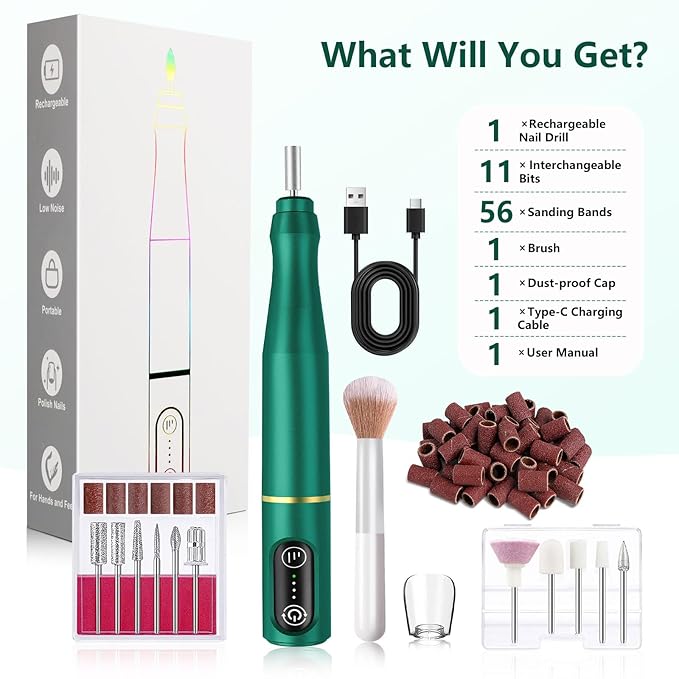 Cordless Nail Drill Electric Rechargeable File Kit, Professional Efile Acrylic Gel Nail Polish Remover Pedicure Manicure Machine Portable Set with 11 Bits 56 Sanding Bands (Blackish Green)