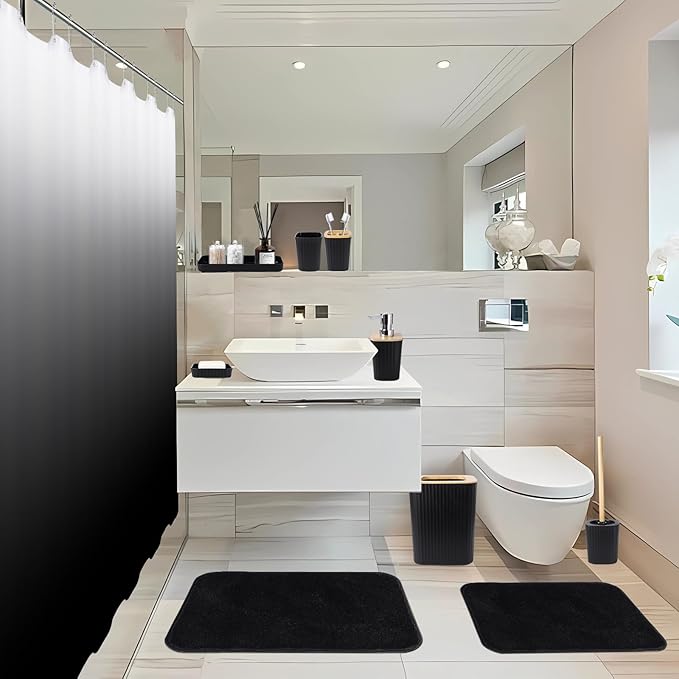 XLHOMO Bathroom Sets with Shower Curtain and Rugs,Black Bathroom Set with Bathroom Trash Can,Soap Dispenser,Toilet Brush,Toothbrush Set,Qtip Holders for Housewarming