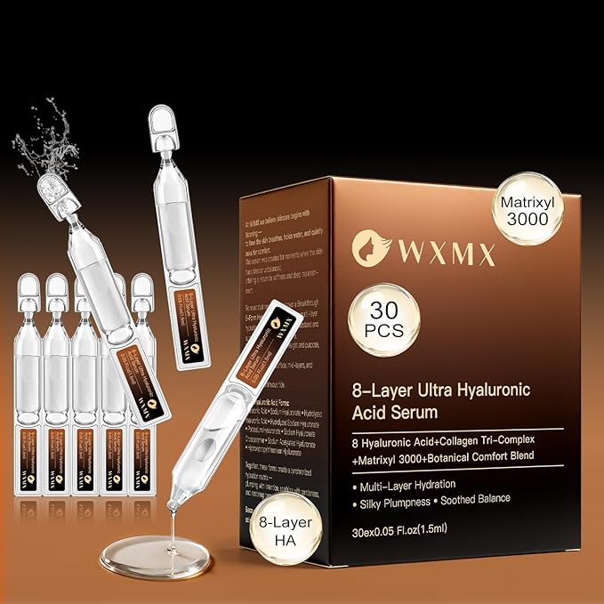WXMX Ultra Hyaluronic Acid Serum–8 HA Forms for Multi-Layer Hydration&Anti-Aging Firmness Support, Matrixyl 3000, Collagen Tri-Complex, Peptide Repair Fusion&Botanical Extracts (0.05 Fl.oz x 30e)