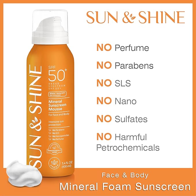SUN & SHINE MINERAL SUNSCREEN MOUSSE: 100% mineral zinc oxide SPF50 Broad Spectrum UVA UVB, Face Body Protection, Sunburn Spray Zinc Oxide for Sensitive Skin, fragrance free 3.4 Oz