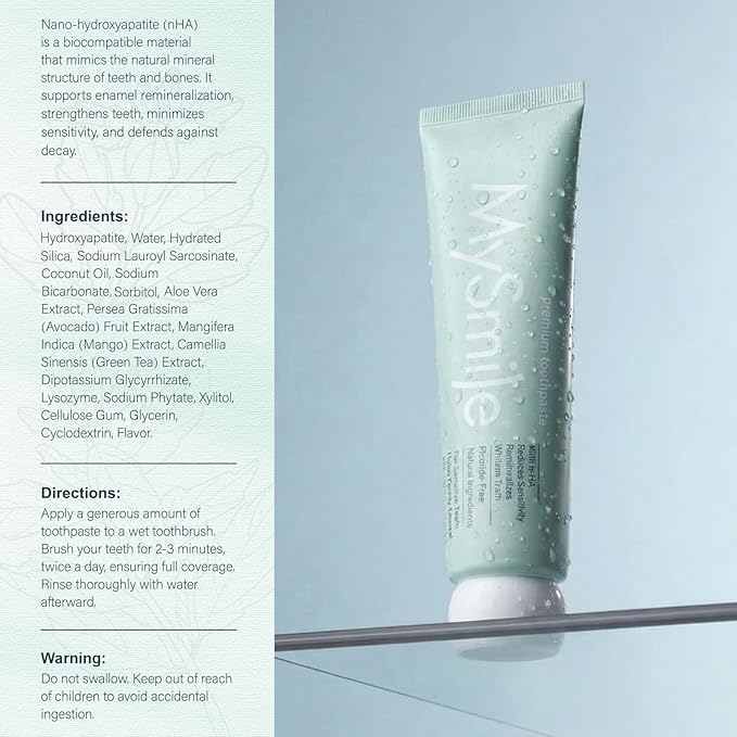 MySmile Fluoride Free Nano Hydroxyapatite Toothpaste for Sensitive Teeth, Strengthens Enamel, Remineralizes & Whitens Teeth, Freshens Breath for Adults, SLS Free, Misty Mint, 4.2 oz