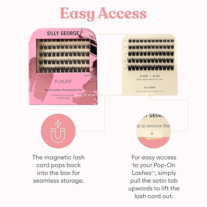 Silly George Pop-On Lashes - DIY 1-Step Pre-Glued Faux Eyelash Clusters, Natural Look Extensions, Black - Flaunt, 5-7 Pair Set, Pack of 60 Clusters