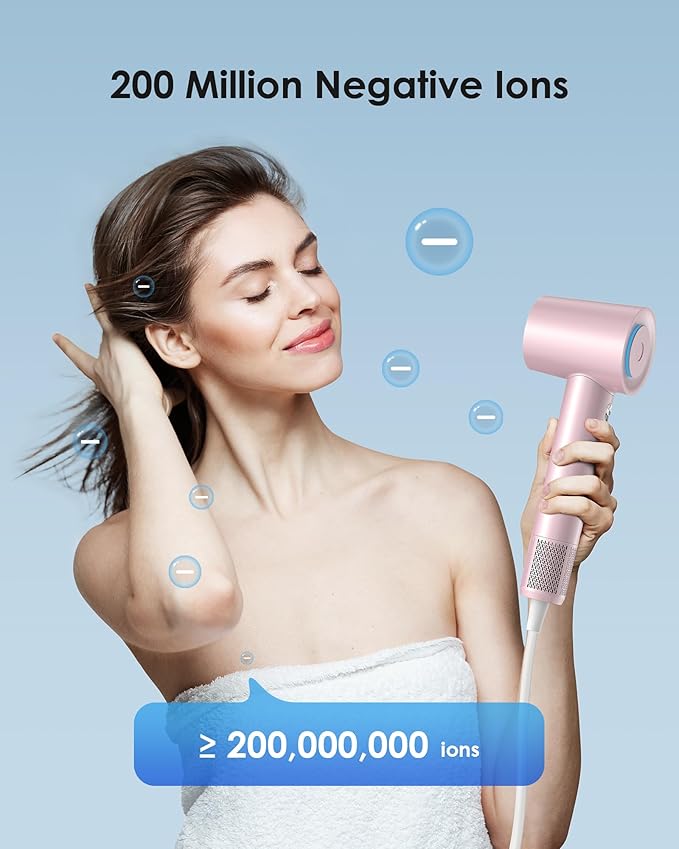 Hair Dryer, zhiyangfei Negative Ion Blow Dryer, 110, 000 RPM Brushless Motor, 3 Heat Settings, 360° Rotating Magnetic Nozzle, High-Speed Low Noise Hair Dryer for Home and Trave (Pink)