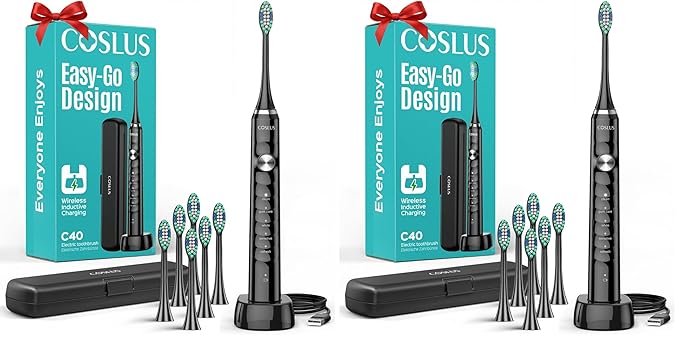 COSLUS Sonic Electric Toothbrush for Adults: 47000 VPM for Deep Cleaning & Whitening with Travel Case - 5 Modes for Sensitive Teeth & Braces, Wireless Charging, 6 Brush Heads for Family, Black (1PC)