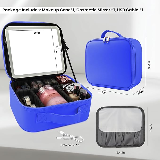 SUILU Travel Makeup Bag with LED Mirror and Light Makeup Travel Bag Organizer Portable Cosmetic Brush Organizer Bag with Adjustable Dividers for Cosmetics Makeup Brushes Toiletry (Dark Blue)
