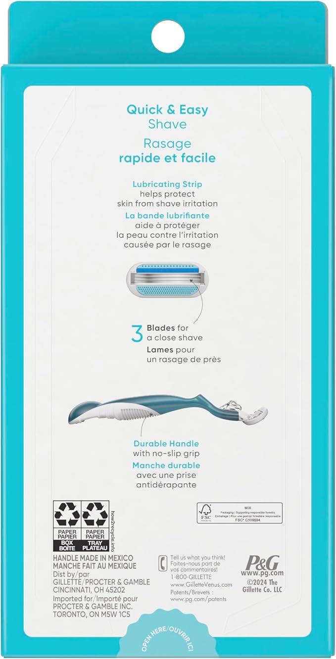 Gillette Venus Smooth Razor for Women, Includes 1 Reusable Razor Handle + 2 Count 3-Bladed Refills, Ergonomic Soft Grip Handle