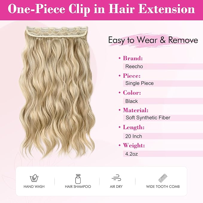REECHO Clip in Hair Extensions, 20” One Piece Hair Extension Clip in Wefts Long Thick Beach Wavy Natural Soft Synthetic Hairpieces for Women, Dark Ash Blonde