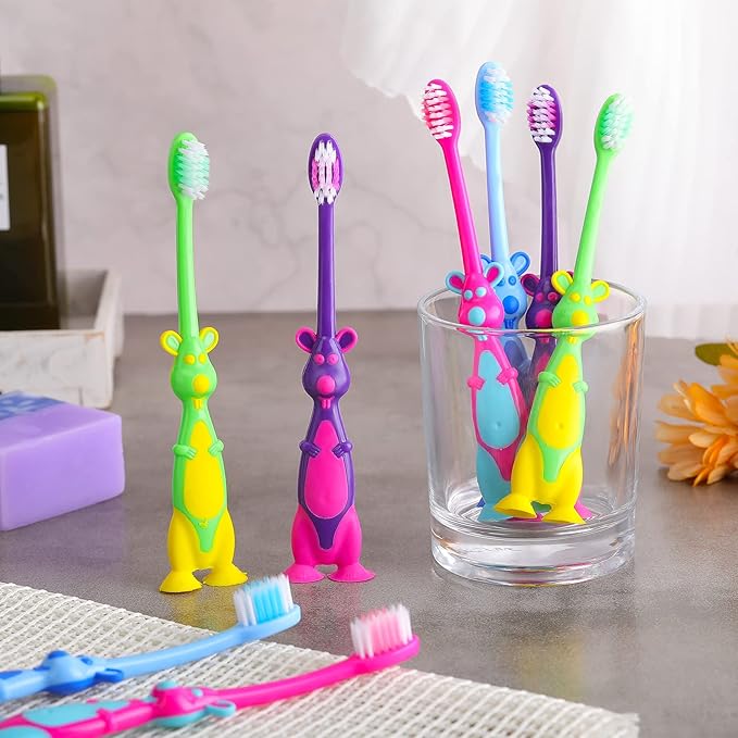 Gerrii Kids Toothbrushes Bulk Soft Lovely Little Kangaroo with Covers Suction Cup Individually Wrapped for Children Toddler Home School Camp Daycare Travel(24 Pcs)