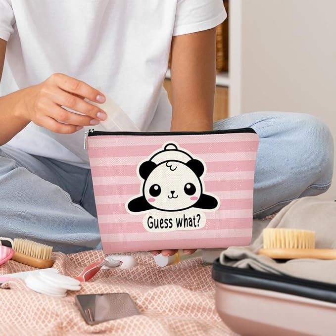 BARPERY Panda Gifts Pink Makeup Bag,Gifts for Panda Lover Wonmen Girls,Cute Baby Panda Guess What It's Pug Butt Cosmetic Bag,Makeup Case for Teen Girls Daughter, Panda Accessories(Pink Stripe)