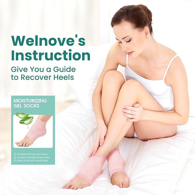Welnove Moisturizing Heel Socks - 2 Pairs Aloe Vera Extract Infused Gel Lining for Dry Feet - Cracked Heel Repair Treatment - Cotton Socks for Women Men Foot Care (Pink, Extra Large)