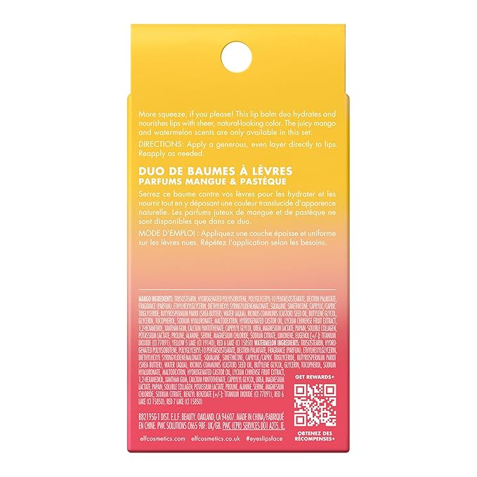 e.l.f. Squeeze Me More Lip Balm Duo, Moisturizing Balm For A Sheer Tint Of Color, Made With Hyaluronic Acid, Vegan & Cruelty-Free, Mango & Watermelon