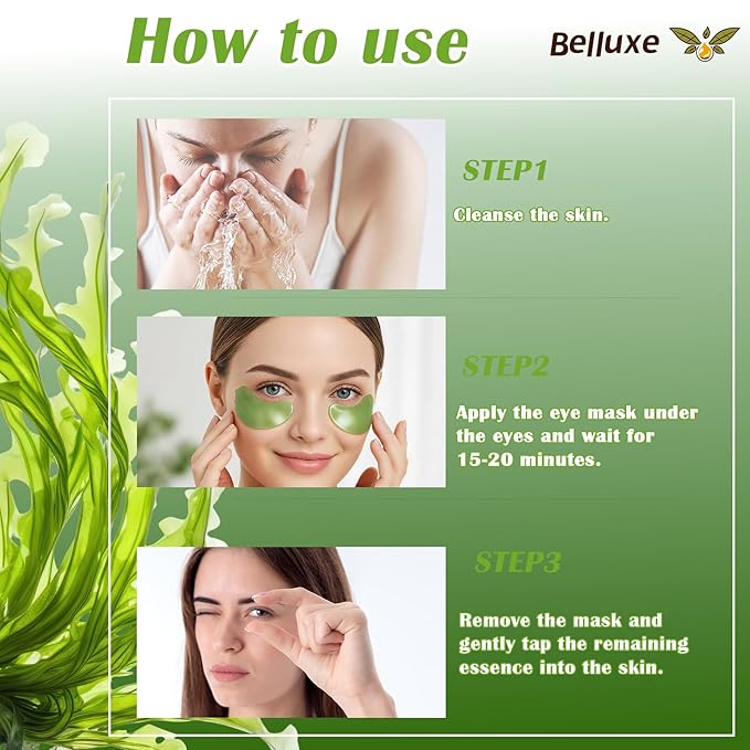 Belluxe Under Eye Patches - Hydrogel Eye Mask for Dark Circles & Puffy Eyes, Korean Collagen Eye Gel Patches with Seaweed, Intense Hydrating Care