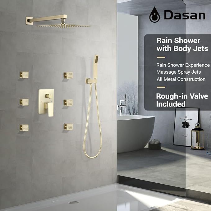 DASAN Full Body Shower System with 6 PCS Body Spray Jets & 12'' Rain Overhead Shower & Handheld, In-Wall Rain Shower System Brushed Gold Shower Faucets Sets Complete with Valve, SA-SS03ABG-S12W