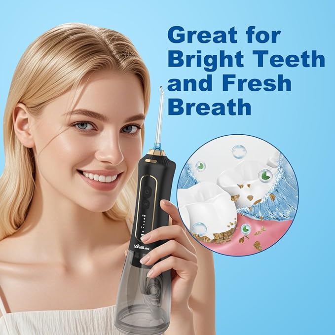 WellLeo Water Flossers for Teeth, 300ML Cordless Oral Irrigator Rechargeable Dental Flosser Picks with 5 Modes 5 Jet Tips,IPX7 Waterproof Teeth Cleaner for Braces Gum Care, Home Travel Use