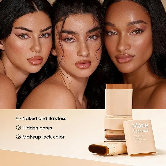 Matte Concealer Foundation Stick with Brush, Serum-Infused Tinted Moisturizer & Skin Tint, Lightweight Hydrating Concealer & Contour, Sheer-to-Medium Radiant Dewy Coverage, All Skin Types (02#)