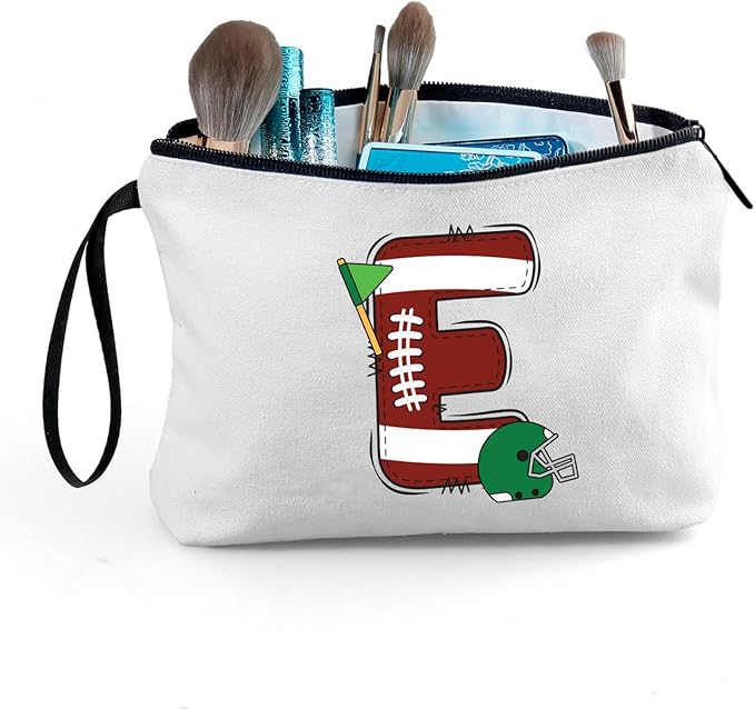ARIOSEY Football Initial Birthday Graduation Gifts Cosmetic Travel Toiletry Bags Football Accessories Party Favors for Women Girls Daughter Niece Team Coach Friends -E