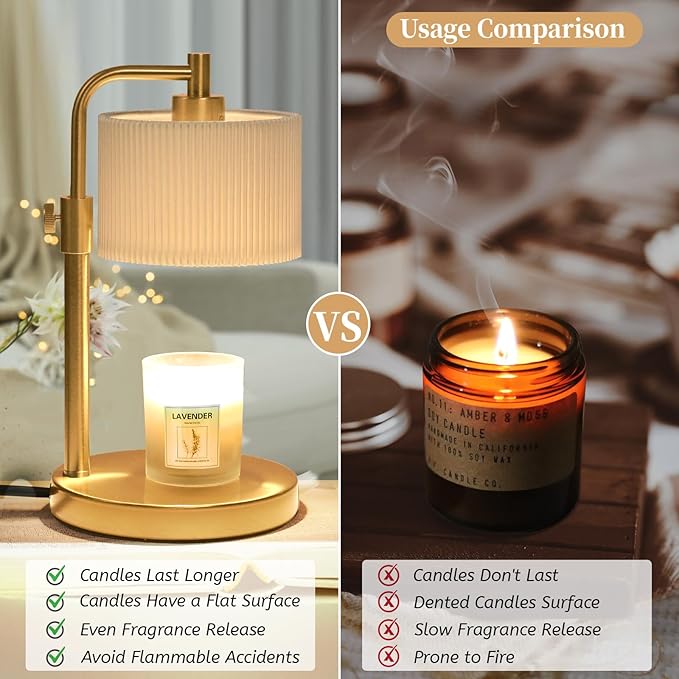 Candle Warmer Lamp with Timer, Candle Wax Warmer Adjustable Height Candle Lamp Warmer for Jar Candles, Christmas Gifts House Warming Gifts for Women(Gold-Upgrade)
