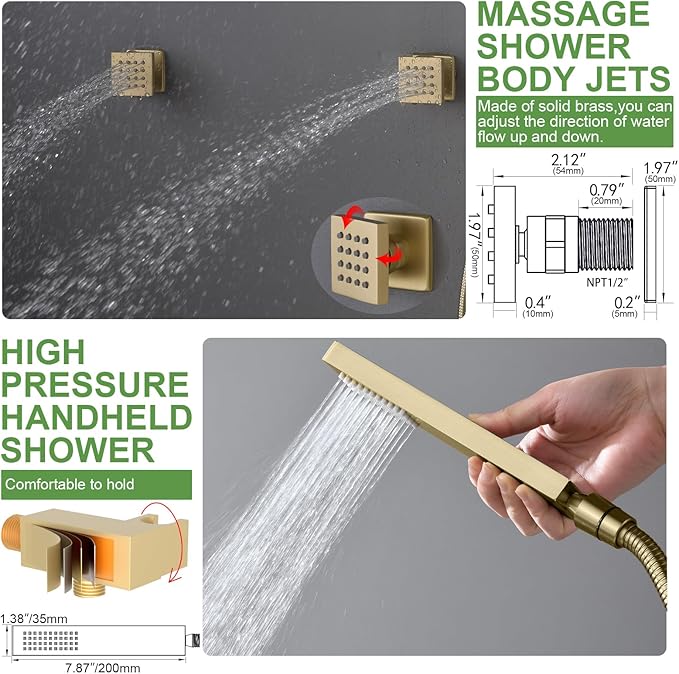 HOMEDEC 15.7x31.5" Ceiling Rain Shower System with Handheld, 6 Spray Jets, and Dual Side 6" Wall Mount Shower Head, Brushed Gold