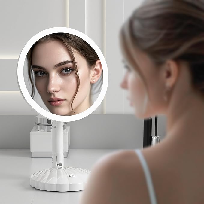 Portable Travel Vanity Mirror with Lights,Interchangeable Mirror Design,1/15X Magnifying Mirror,Stepless Adjustable Lighted Makeup Mirror,3 Color Modes,Desk or Travel Use