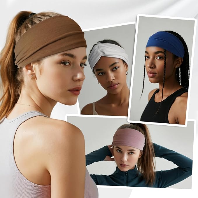 Headbands for Women, Non Silp Wide Hair Bands, Elastic Thick Head Bands, Stretchy Soft Sports Sweat Bands for Spa Workout Running Gym, Twist Knotted Cotton Cloth Turban Hair Accessories 6Pcs