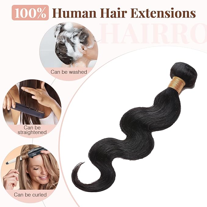 Hairro Sew in Hair Extensions Real Human Hair, 100g/bundle Weave Weft for Women Adding Volume and Length, for DIY Beauty Dating Party, 12 Inch One Bundle Body Wave #1B Natural Black