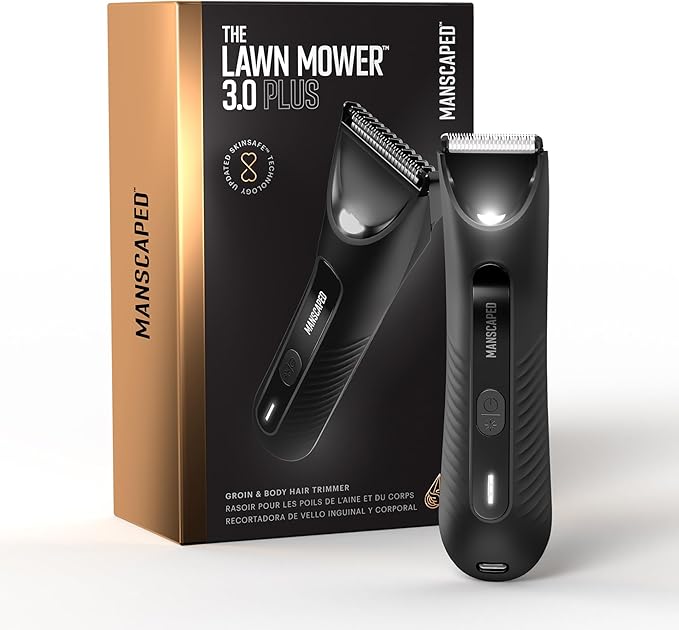MANSCAPED® The Lawn Mower® 3.0 Plus Groin & Body Hair Trimmer – Updated SkinSafe® Trimmer Blade, Waterproof Wet/Dry Groomer, USB-C Rechargeable, Men’s Wireless Ball Shaver, Tuxedo Black