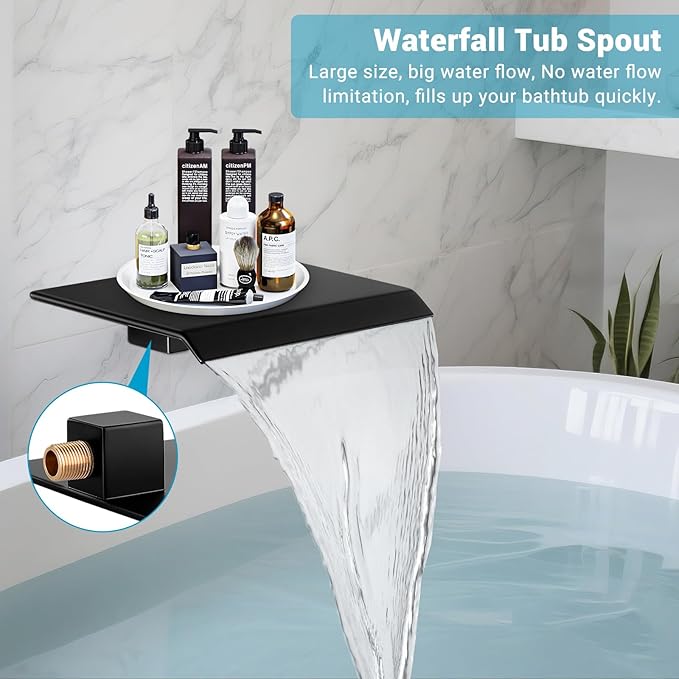 IUERASD Rain Shower Faucet Set Wall Mounted Rainfall with Tub Spout Shower Head System Rough-in Valve Body and Trim Included Black (10 Inches)