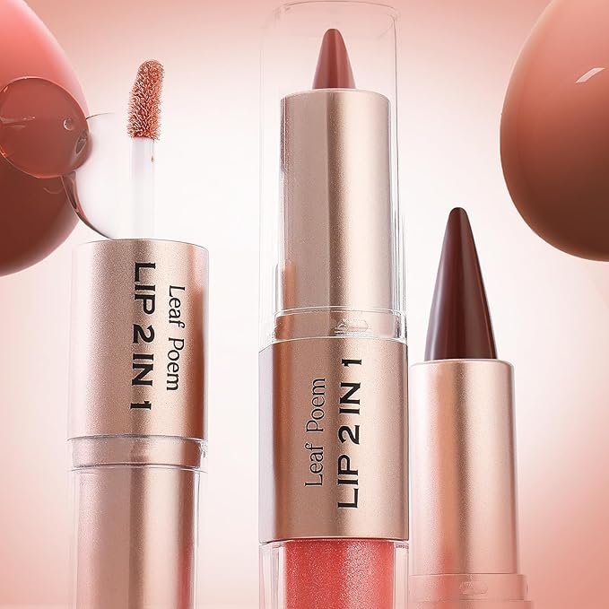2-in-1 Double-Ended Matte Lip Liner & Lip Gloss Duo, Cool Nude Brown Ombre Lip Combo Pencil, Lip Liner and Lipstick Gloss Set for Defined & Fuller Looking Lips, #01 Cool Nude Brown