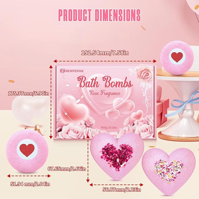 Valentines Bath Bombs for Women, XXL 4-Pack Handmade Natural & Organic Rose Essential Oil, Valentines Day Gifts for Her Him, Valentines Day Basket Birthday Gifts for Wife Daughter Girlfriend Coworkers
