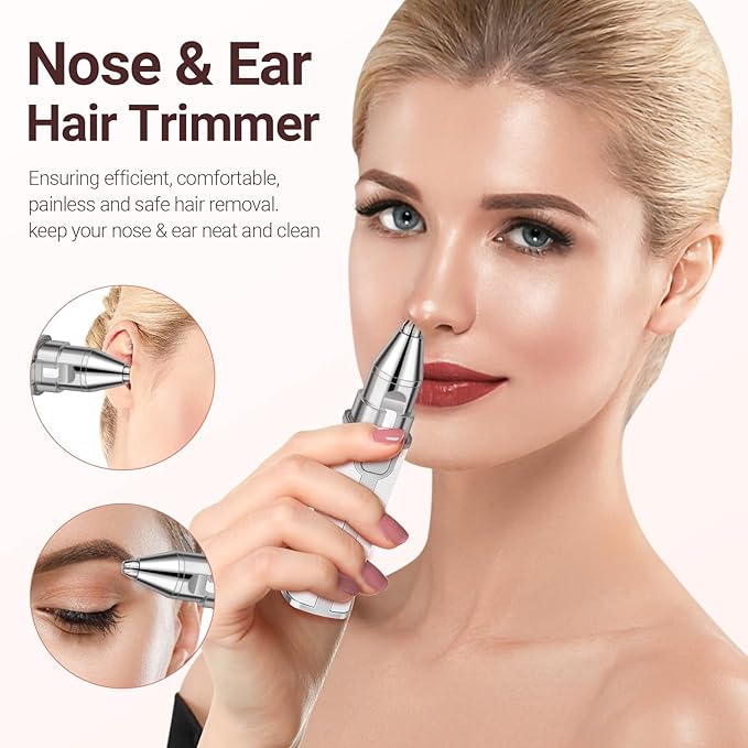 Nose Hair Trimmer for Women Men, Electric 2 in 1 Face Shaver and Eyebrow Trimmer, White Rechargeable Facial Hair Remover with Built-in LED Light