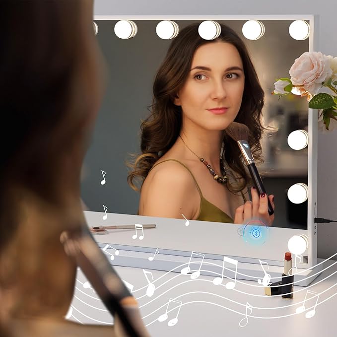 Fenair Vanity Mirror with Lights 22.8"x 18.1" Makeup Mirror with Lights and Speaker 15 Dimmable Bulbs,3 Colors Modes,Hollywood Mirror with USB Charging and 10X Detachable Magnification Mirror(Black)